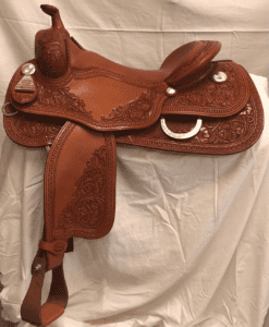 A saddle is shown on top of the table.